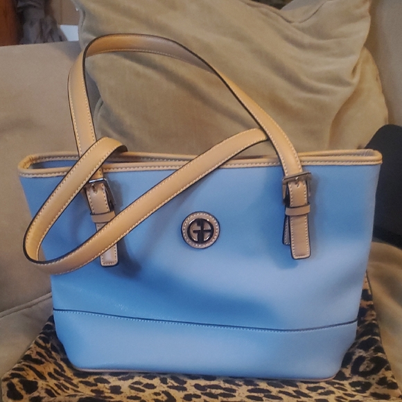 Giani Bernini Handbags - GIANI BERNINI Light Blue Tote Bag with Tan Accents